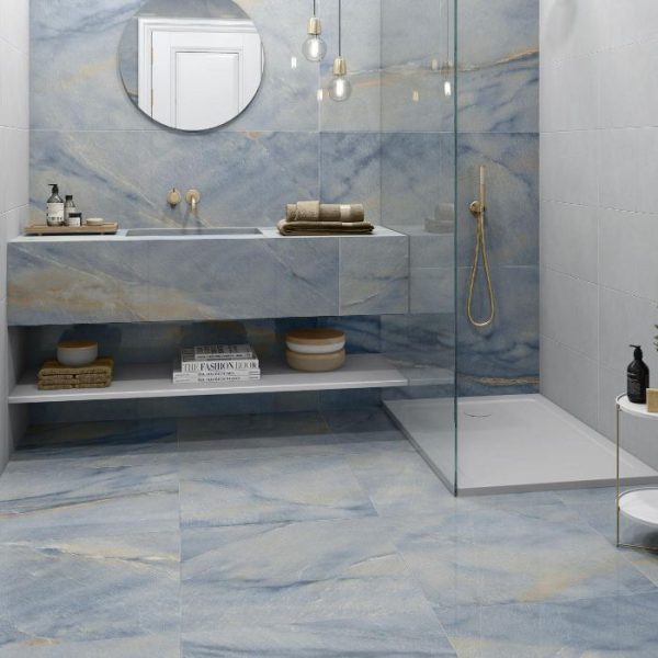 Bahia Blue Glossy Marble Effect Wall, Blue And White Porcelain Bathroom Tile