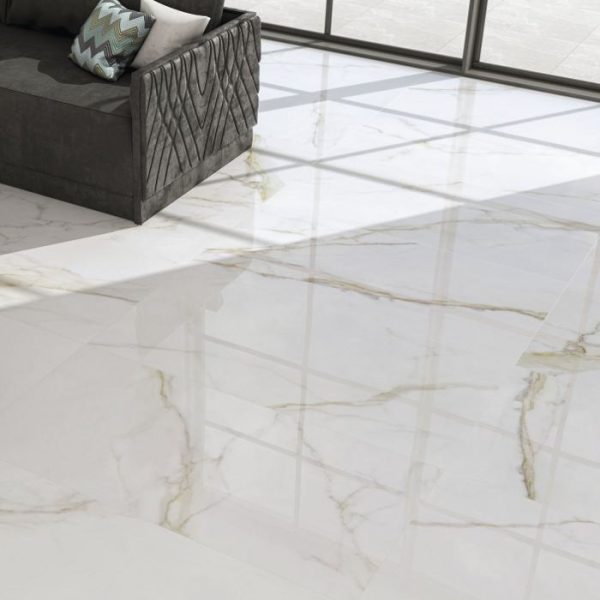 Diamond Gold White Glossy Marble Effect, White Porcelain Floor Tiles 600×600