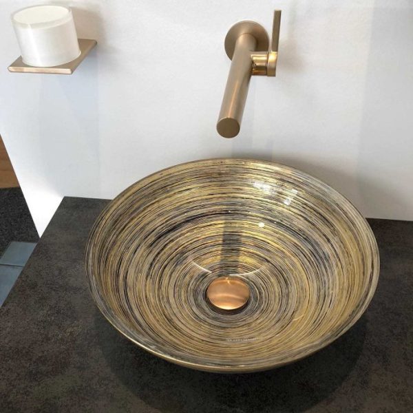 Handcrafted bathroom wash basin countertop black gold ivory round Graffiti Glass Design