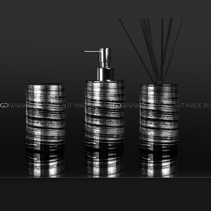 Luxury bathroom accessory set 3 piece Silver Black Graffiti Glass Design