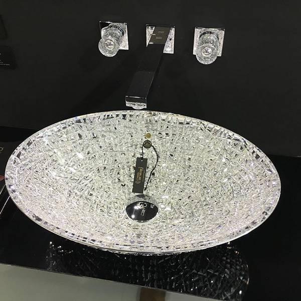 counter top wash basin crystal luxury transparent Glass Design Ice Oval Lux