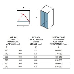Modern Bi-Fold Shower Door 4mm Clear Safety Glass Nanoskin 190H Karag M 4S Dimensions