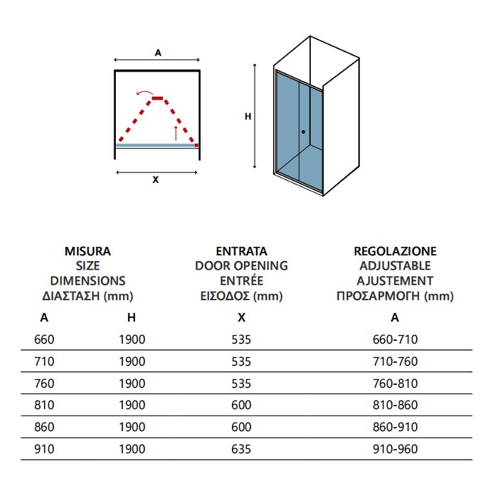 Karag M 4S Modern Bi-Fold Shower Door 4mm Safety Glass Nanoskin 190H Dimensions