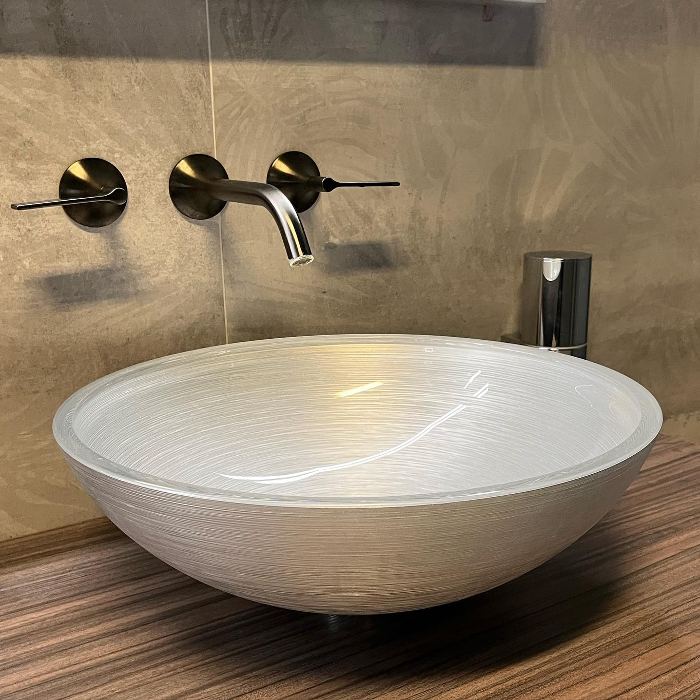 Modern Italian Round Countertop Wash Basin 40 Metropole Silver Glass Design