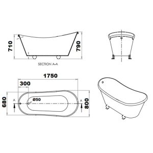 Diagram Retro Free Standing Bath Tub with Legs 175x80 Ithaki New Acrilan