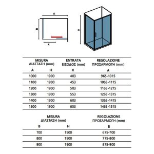 Industrial Black Rectangular Sliding Door Shower Enclosure 6mm 190H Karag Efe Nero 500 Dimensions