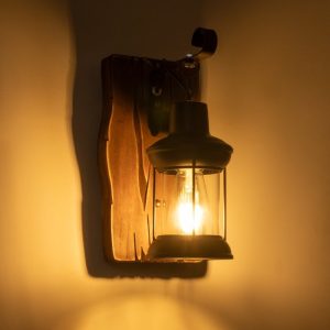 Wall Sconce Vintage 1-Light with Black Metal Lantern and Wood Rose BRASRA 01204