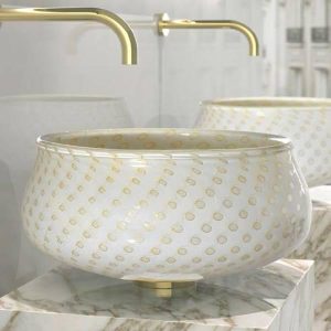 Glass Design Ottico White Gold Italian Round Murano Countertop Wash Basin Ø39