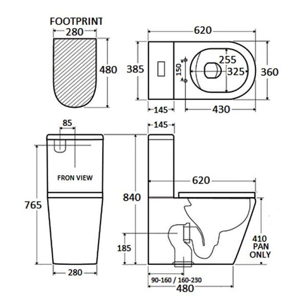Curve Rimless Sort Projection Close Coupled BTW Toilet with Soft Close Seat 36x62,5 Karag Sorrento CT 1088 Dimensions