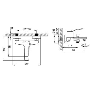 Praxis Andare WNX238073C Modern Wall Mounted Bath Shower Mixer and Kit Dimensions