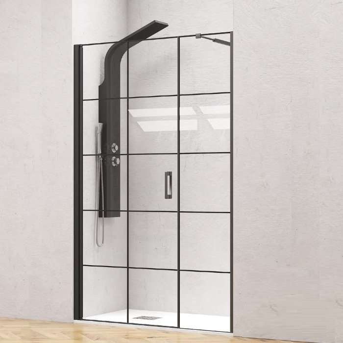 Modern Black Grid Pivot Shower Door 6mm Nanoskin 200H Karag Nero 5 Porta