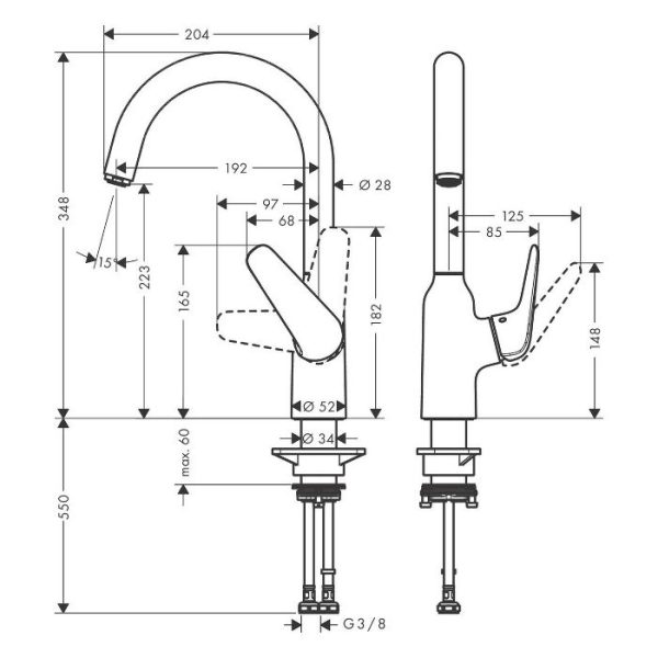 Βρύση κουζίνας τύπου χήνας ψηλή Hansgrohe Focus M42 71802000 Σχεδιάγραμμα