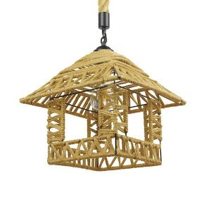 Vintage Square House Shaped Beige Rope Pendant Ceiling Light SPIKY 01613