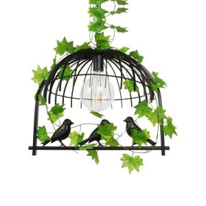01640 Vintage Μαύρο Κρεμαστό Φωτιστικό Κλουβί με Πουλιά & Φύλλα Γιρλάντας