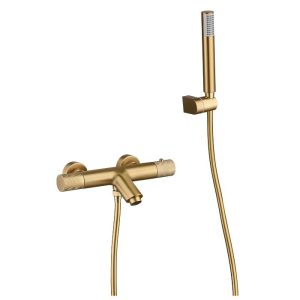 Brushed Gold Wall Mounted Thermostatic Bath Shower Mixer Valve + Handset Imex Line BTD038-OC