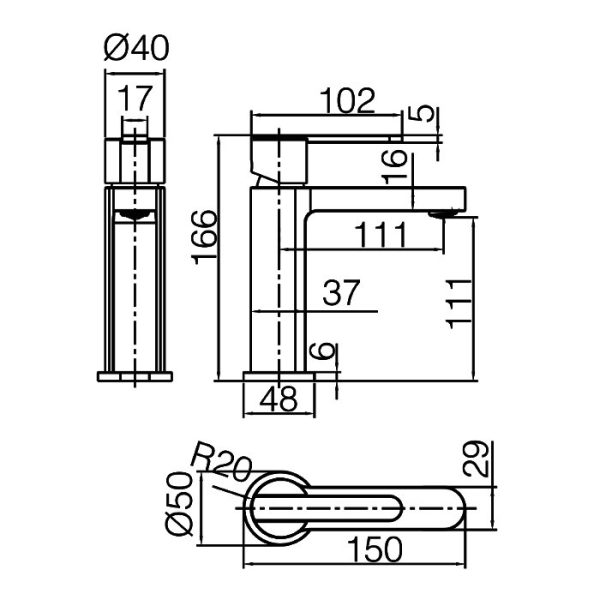 Modern Black Matt Single Lever Basin Mixer Tap Roma BDR001-1 Imex Dimensions