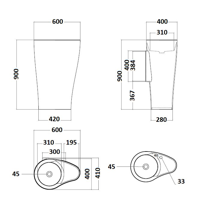 Handmade freestanding wash basin with tap hole Khorus Glass Design Dimensions