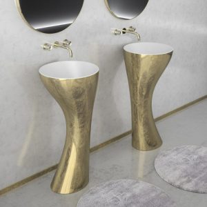 Luxury free standing pedestal wash basin Kalice Gold Leaf Glass Design