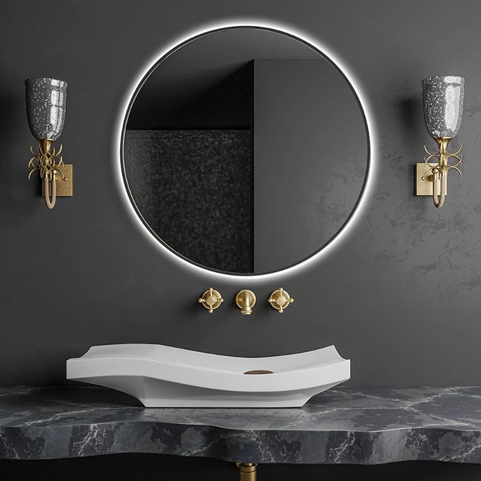Large Round LED Illuminated Bathroom Mirror with Black Painter Frame Ø80 cm Sharon