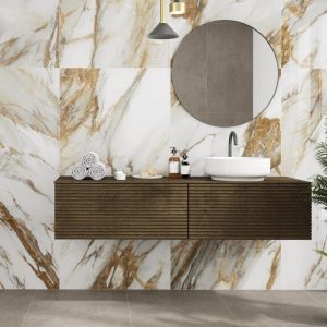 White Glossy Marble Effect Wall Gres Porcelain Tile with Gold Veins 60x120 Arno Antic