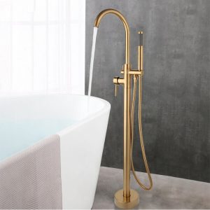 Modern Gold Floor Mounted Freestanding Bath Tap with Shower Mixer Venti
