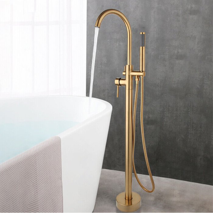 Venti Modern Gold Floor Mounted Freestanding Bath Tap with Shower Mixer