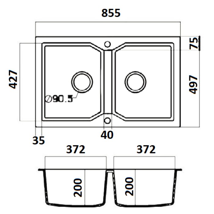 2 Bowl Granite Kitchen Sink 86×50 Ultra Granite 818 Sanitec Dimensions