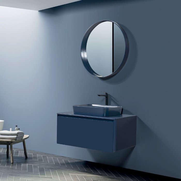 Modern Plywood Blue Matt Wall Hung Vanity Unit with Worktop and Mirror 100×50 Curved