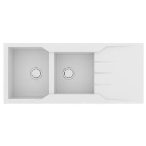 Modern White 2 Bowl Granite Kitchen Sink with Drainer 116x50 Ultra Granite 801 Bianco Sanitec