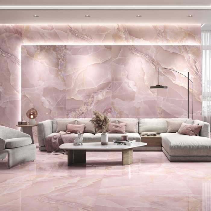 Pink Glossy Marble/Onyx Effect Gres Porcelain Tile 60×120 Onyx Rose Baldocer
