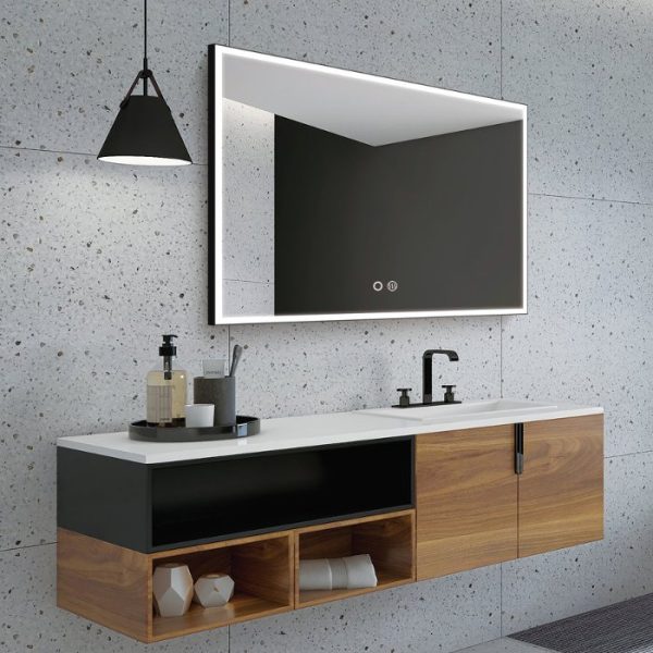 Large Rectangular LED Illuminated Anti-Fog Bathroom Mirror with Black Metallic Frame Suiza Imex