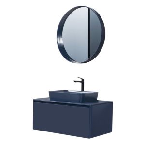 Modern Plywood Blue Matt Wall Hung Vanity Unit with Worktop and Mirror 100x50 Curved