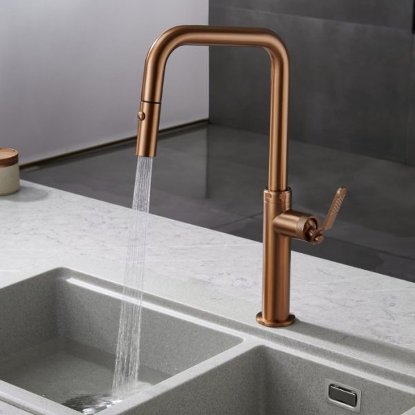 Modern Rose Gold High Kitchen Mixer Tap with 2-Way Pull Out Spray Niza Imex