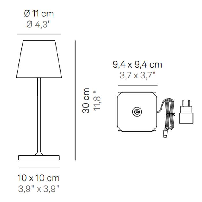 Dimensions for table lamp and charging base Zafferano Poldina Mini