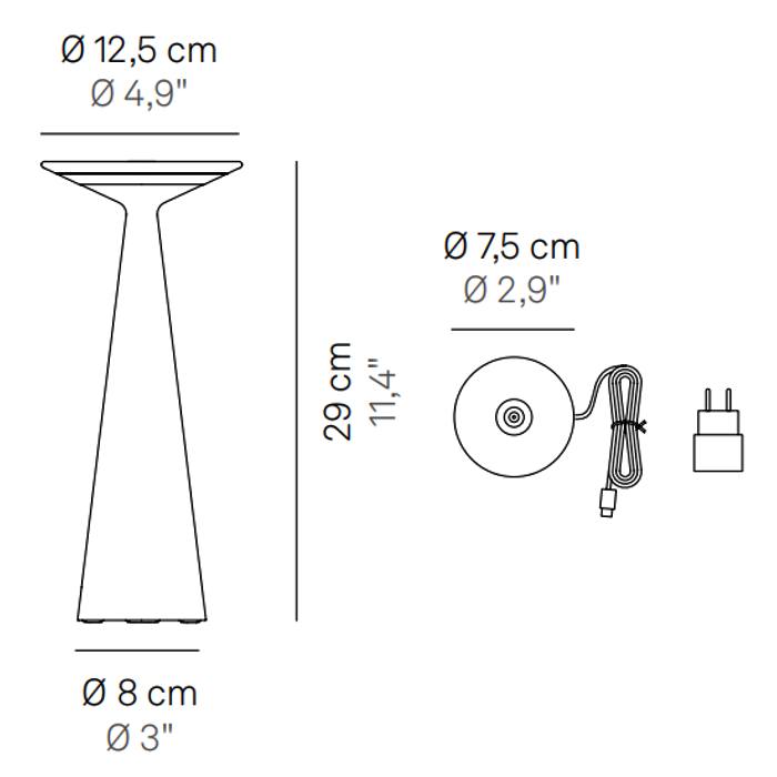 Dimensions for table lamp and charging base Dama Zafferano