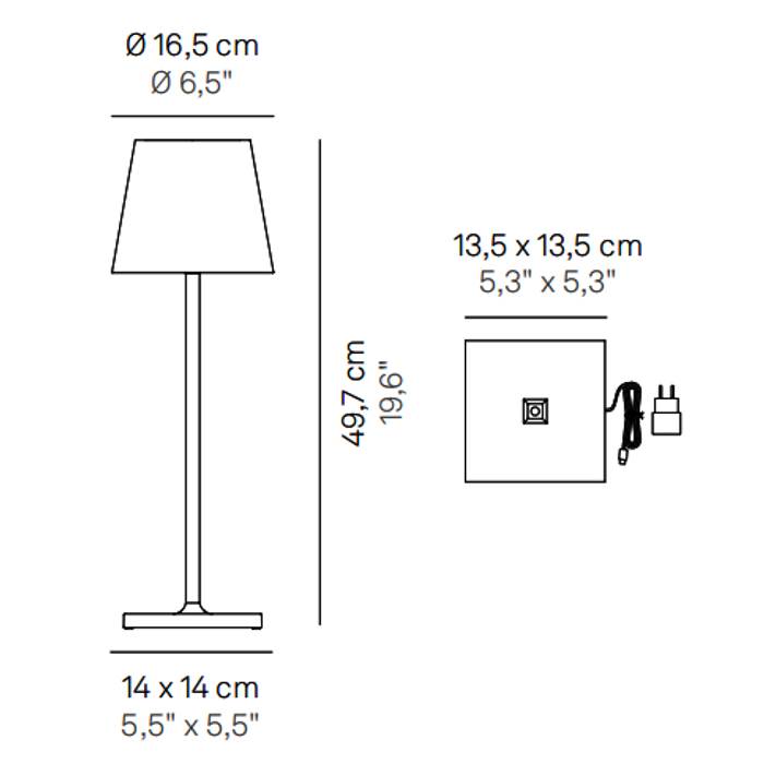 Dimensions from table lamp and charging base Zafferano Poldina L Desk