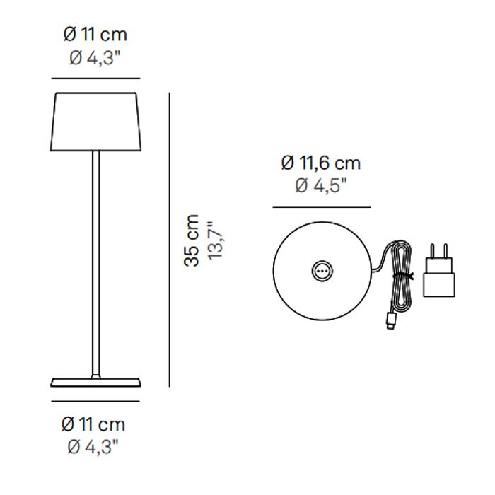 Dimensions for table lamp and charging base Olivia Zafferano