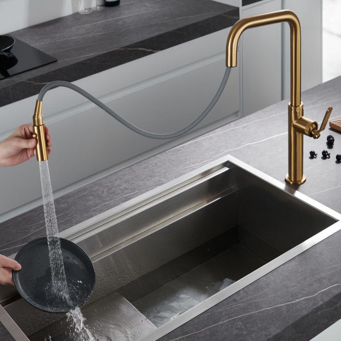 Brushed Gold High Kitchen Mixer Tap with 2-Way Pull Out Spray Niza Imex