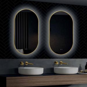 Large Oval LED Illuminated Anti-Fog Mirror with Gold Metallic Frame 50x90 cm Tokyo Imex