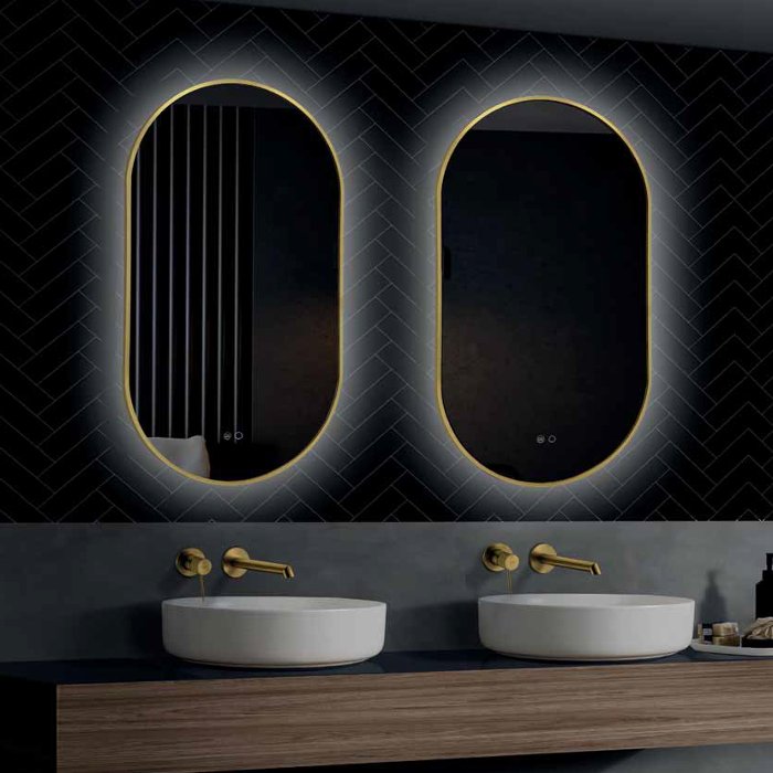 Oval LED Illuminated Anti-Fog Bathroom Mirror with Gold Metallic Frame 50×90 cm Tokyo Imex