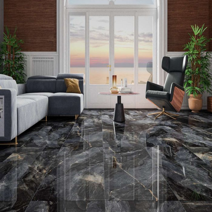 Black Glossy Marble Effect Floor Porcelain Tile 60×120 Asterix