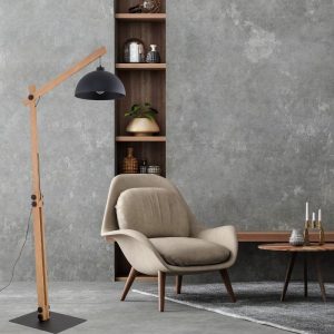 Living Room Black Industrial 1-Light Wooden Adjustable Floor Lamp with Metal Shade 5582 Oslo Tk Lighting
