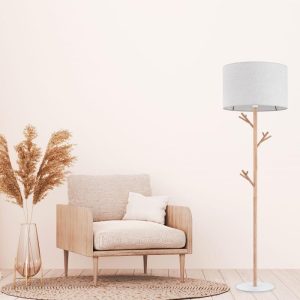 Living Room Rustic 1-Light Wooden Tree Branch Floor Lamp with Beige Fabric Shade 5574 Albero Tk Lighting