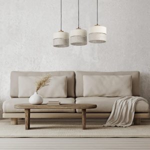 Living Room Boho 3-Light Pendant Ceiling Light with Three Beige Ecru Fabric Shades 5771 Eco Tk Lighting