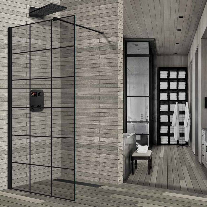 Modern Black Grid Wet Room Screen 8mm with Wall Arm Support 200H Black Line