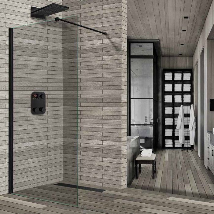 Wic Black Wet Room Screen 6mm with Wall Arm Support 200H