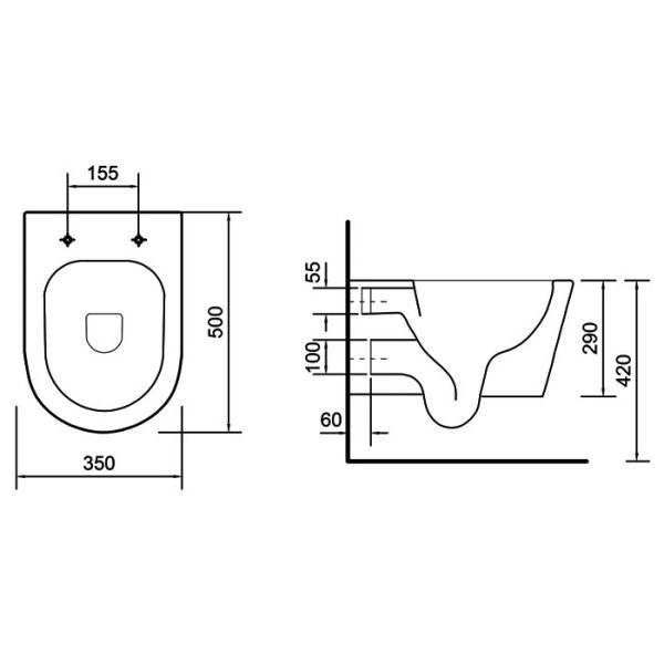 Italian Semicircular Wall Hung Toilet with Soft Close Slim Seat 35x50 Bea Rimless Olympia Dimensions