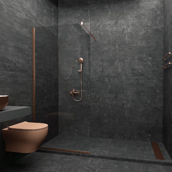 Luxury Rose Gold Wet Room Screen 8mm with Wall Arm Support Nanoskin 185H Orabella Serena
