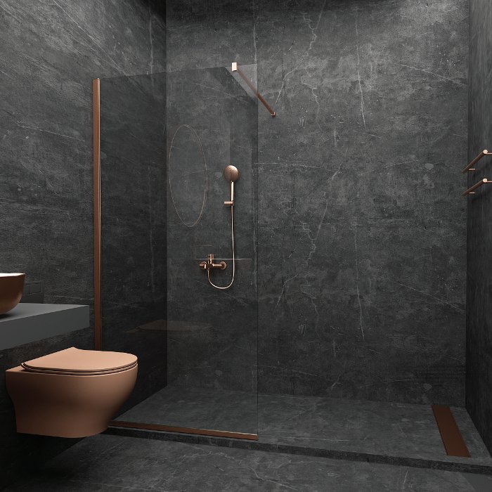 Rose Gold Wet Room Screen 8mm with Wall Arm Support Nanoskin 185H Orabella Serena