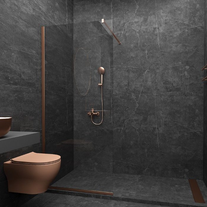 Orabella Serena Rose Gold Wet Room Screen 8mm with Wall Arm Support Nanoskin 200H